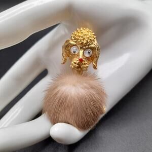 Vintage 1950s Mink Fur Poodle Brooch Gold Tone Googly Eyes Dog Pin